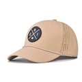 Detail of khaki trucker hat showing laser-cut holes and round embroidered patch - Adjustable / Beige