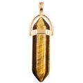 Macro shot of tiger eye crystal hexagonal pendant with polished golden metal clasp - Gold O-Chain / Tiger's Eye