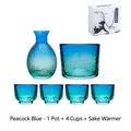 Peacock blue hammered glass sake set with pot, four cups, and warmer in a gift box - Peacock Blue Set In Gift Box (1 Pot 4 Cups 1 Tank)