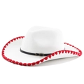 Detail of wool fedora hat featuring red woven fringe brim and black leather buckle band - M (56-58cm) / White With Red Edge