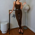 Detail of slim fit brown jumpsuit with belt waist and sleek sleeveless design - XS / Brown