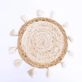 Bohemian style round straw wall decor with fringe tassels in a natural beige tone - Large Sun (With Tassels 38cm)