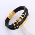 Bracciale multistrato da uomo in pelle nera con motivo greco dorato e chiusura magnetica - Oro