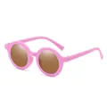Pink round frame sunglasses for kids with protective brown lenses and a glossy finish - Frosted Pink Frame Tea Lens