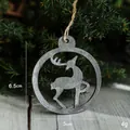 Vintage gray wooden reindeer Christmas ornament in hollow circular frame with jute rope - Hollow Grey Deer
