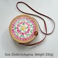 Round rattan bag with pink shell mosaic pattern and leather strap, 20x8cm - Rose Red Square