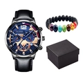 Men's stylish watch set with black leather strap, chakra bracelet and gift box - Black Strap Black Case Blue Hands And Bracelet And Box