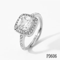 Elegant silver cushion-cut halo ring with shimmering pavé set stones on the band - Square Surround Diamond Style (PD606) / Silver