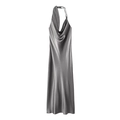 Silbergraues Satin-Midikleid mit Wasserfallausschnitt und Perlenketten-Trägern in Weiß - XS / Silbergrau