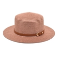 Detailed close-up of pink straw boater hat with a brown leather belt and golden buckle - M (56-58cm) / Dusty Pink