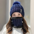 Dark blue knitted beanie and scarf set with fleece lining and faux fur pompom decor - Hat & Scarf Set / Navy Blue