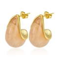 Elegant gold stainless steel teardrop stud earrings with peach marbled resin inlay - No.2 Light Orange
