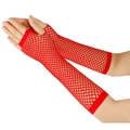 Detail of red fishnet long gloves with high elastic large mesh and fingerless design - One Size / Red