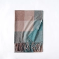 Plaid cashmere-feel scarf with tassels in a stylish brown and blue color block design - Dark Green