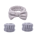 Three-piece set of gray plush bow headband and wristbands in soft coral fleece fabric - Grey Headband & Wristbands Set