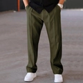 Outdoor detail of army green straight-leg trousers with drawstring waist and sharp front pleat - S / Bottoms / Army Green