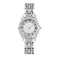 Detailansicht der Damenarmbanduhr mit Strass-Lünette und Zifferblatt in Marmor-Optik - Silber