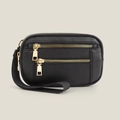 Bolso de muñeca de cuero PU negro con doble cremallera dorada y textura lichi - Negro