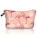 Detailed view of pink flamingo polyester cosmetic bag with black zipper and wrist strap - Pink Fresh Style