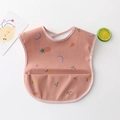 Waterproof baby feeding bib in warm pink color featuring cute fruit prints and crumbs pocket - Pu No-wash Apron - Pink Fruit / One Size