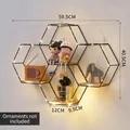 Black hexagonal metal wall shelf with wooden tiers and LED decorative lighting decor - Black 4-Hexagon Irregular With 2m LED Light