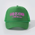 Green mesh trucker hat with pink GOD IS GOOD embroidery and braided rope detailing - Grass Green / Adjustable