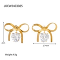 Golden bow earrings with heart-shaped crystal drop, 2cm height, stainless steel base - Bowknot Heart Zirconia Style (JDEW2403085)