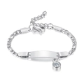 Silver stainless steel birthstone ID bracelet with blank engraving plate and clear zircon - April-Steel-16cm
