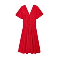 Elegant red V-neck short sleeve midi dress with waist tie and front buttons on white background - XS / Red