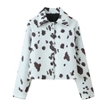 Kurze Jacke für Damen mit stylischem Kuhmuster-Print und braunen unregelmäßigen Flecken - S / Braun Weiß Kuhmuster