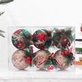 Set of 6 red and black plaid Christmas fabric ornaments with pine needles and berries - 8cm Style 8 (Linen Fabric Ball Boxed)