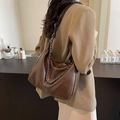 Deep brown soft leather hobo bag with chunky silver chain and white contrast stitching - Tan