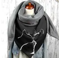 Thick warm scarf with grey and black patchwork and minimalist white cat line art - Black Grey White Cat Kiss