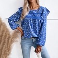 Blue floral long sleeve blouse with lace patchwork and ruffled details on white background - S / Blue
