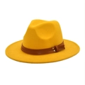 Detail of yellow wool fedora featuring a brown leather band and gold rivet accents - M (56-58cm) / Yellow