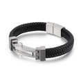 Men's woven black leather bracelet with a polished silver stainless steel mechanical clasp - 19cm / Style B Steel Color (KB117787-KFC)