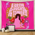 Detail of retro pop art tapestry featuring pink flowers and the quote Earth Laughs In Flowers - Earth Flowers Style (GT423-37)