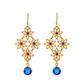 Vintage gold hollow flower earrings with blue diamond diamond-shaped ethnic drop - Blue Hollow Floral Style