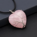 Vintage life tree wire wrapped heart rose quartz pendant necklace with black leather cord - With Black Wax Cord