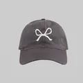 Dark grey baseball cap featuring white bow embroidery and six-panel breathable design - Line Bow Embroidered Baseball Cap Style / Gray