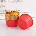 Macro detail of red and gold greaseproof foil cupcake liners for high-temp baking - Single-sided Red Gold Rim