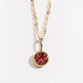 Close-up of a gold necklace with a round red birthstone pendant on a white background - July Rose Red (Ruby)