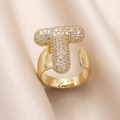Adjustable gold plated ring with crystal pavé letter T centerpiece for women - Small / Letter T