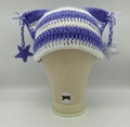 Purple and white striped crochet cat ear beanie with hanging star charm decorations - Purple White Stripes