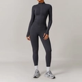 Dark grey seamless yoga set featuring long sleeve zip jacket and high waist leggings - S / Jacket + Pants / Dark Gray