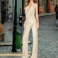 Women's glamorous gold sequin halter neck jumpsuit with deep V-neckline for evening wear - 3XL / Apricot Silver