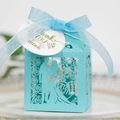 Light blue laser-cut wedding favor box with Mr & Mrs silhouette and organza ribbon - Turquoise Blue