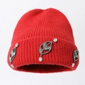 Winter knitted beanie in vibrant red with elegant rhinestone leaf appliques and thick warm fabric - One Size / Red