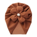 Brown cashmere-like baby turban hat with a large pearl flower and rhinestone accent - Coffee
