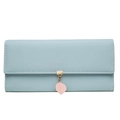 Detail view of light blue PU leather wallet with pink leaf pendant and gold hardware - Long Style / Pale Blue